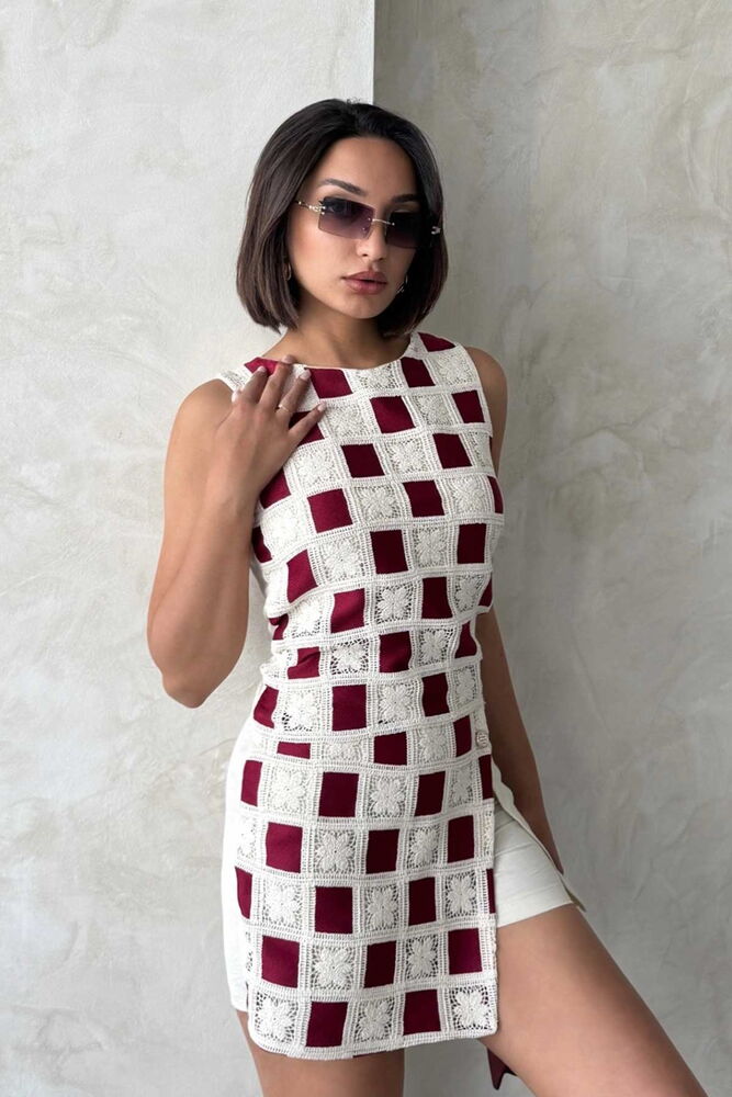 Bluză croșetată fără mâneci, cu model în carouri - Vișiniu crud | Topshow