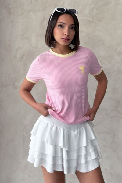 Tricou brodat roz și galben | Topshow