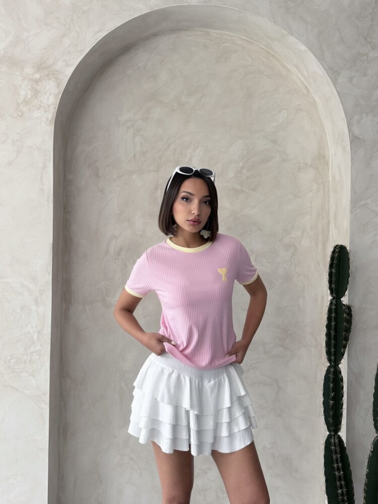 Tricou brodat roz și galben | Topshow