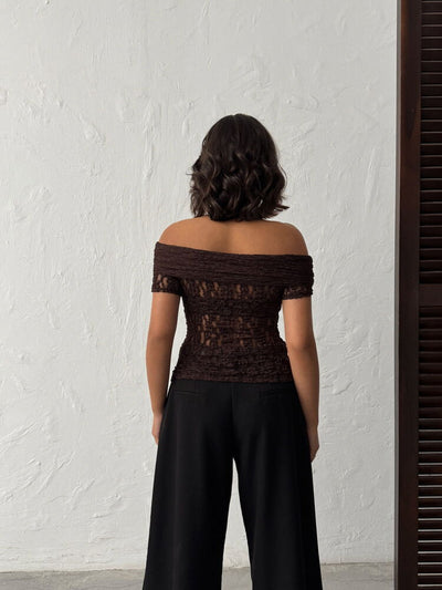 Topshow | Gül Detaylı Dantel Bluz - Kahve | D2749