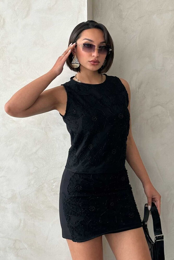 Bluză fără mâneci cu mărgele, en-gros - Negru | Topshow