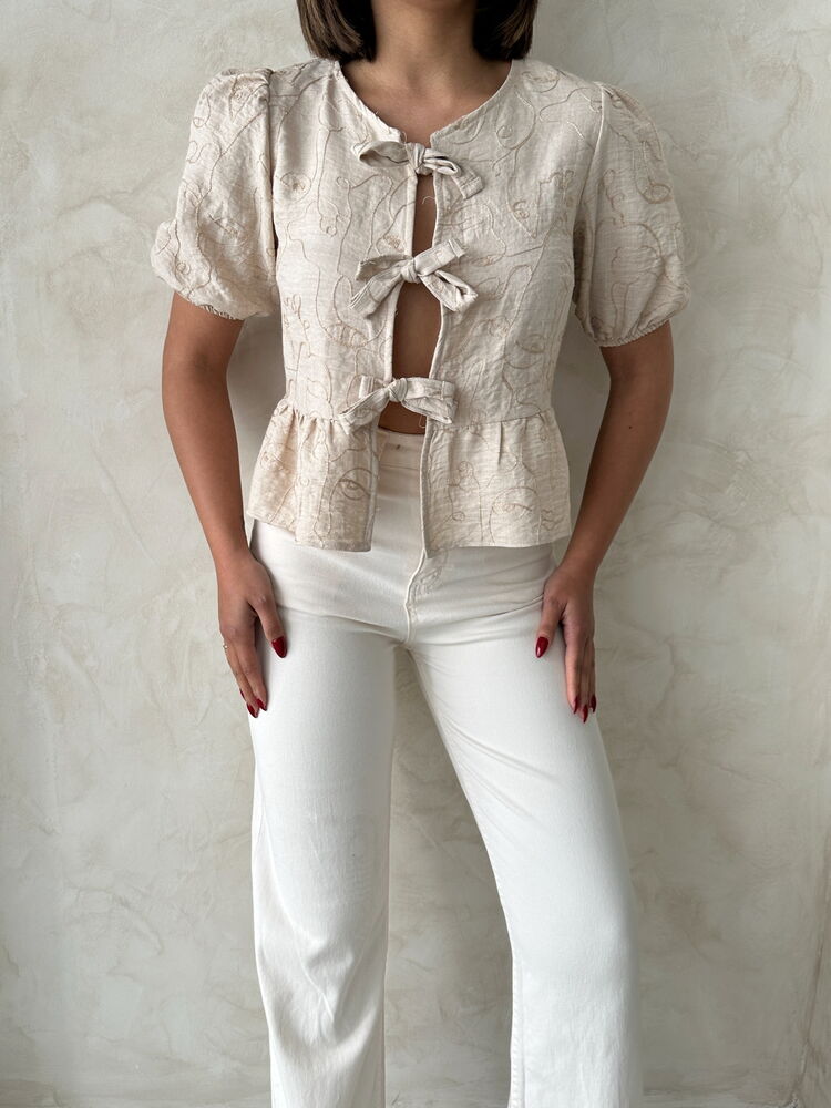 Wholesale Embroidered Blouse with Front Tie - Stone | Topshow