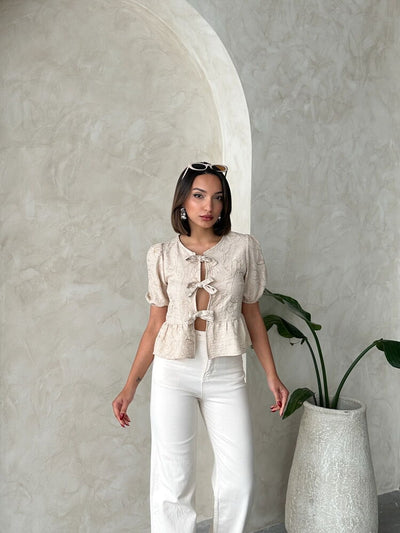Wholesale Embroidered Blouse with Front Tie - Stone | Topshow