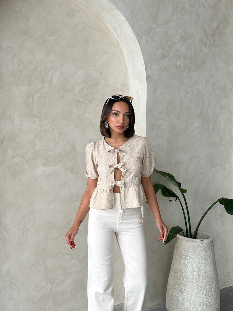Wholesale Embroidered Blouse with Front Tie - Stone | Topshow