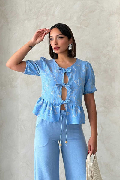 Embroidered Wholesale Blouse with Front Tie - Light Blue | Topshow