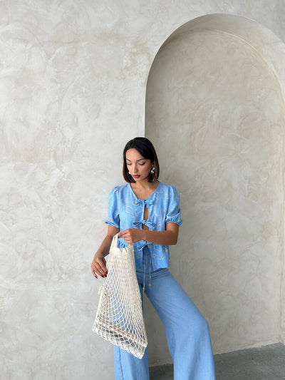 Embroidered Wholesale Blouse with Front Tie - Light Blue | Topshow