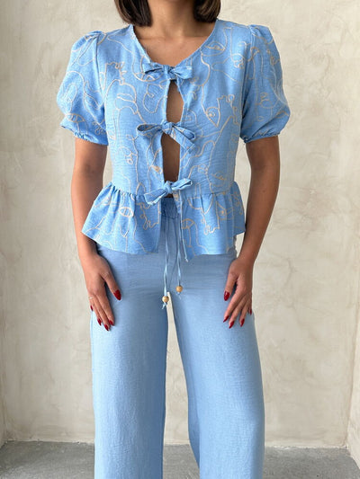 Embroidered Wholesale Blouse with Front Tie - Light Blue | Topshow