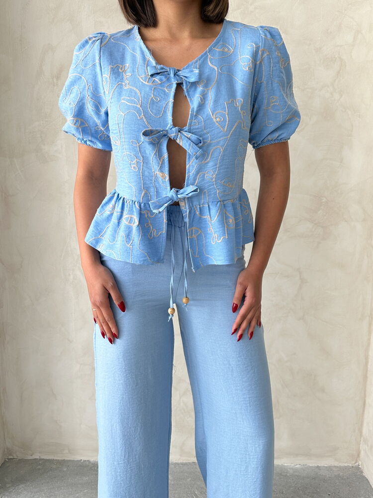 Embroidered Wholesale Blouse with Front Tie - Light Blue | Topshow