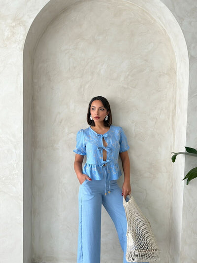 Embroidered Wholesale Blouse with Front Tie - Light Blue | Topshow