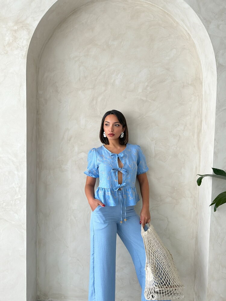 Embroidered Wholesale Blouse with Front Tie - Light Blue | Topshow
