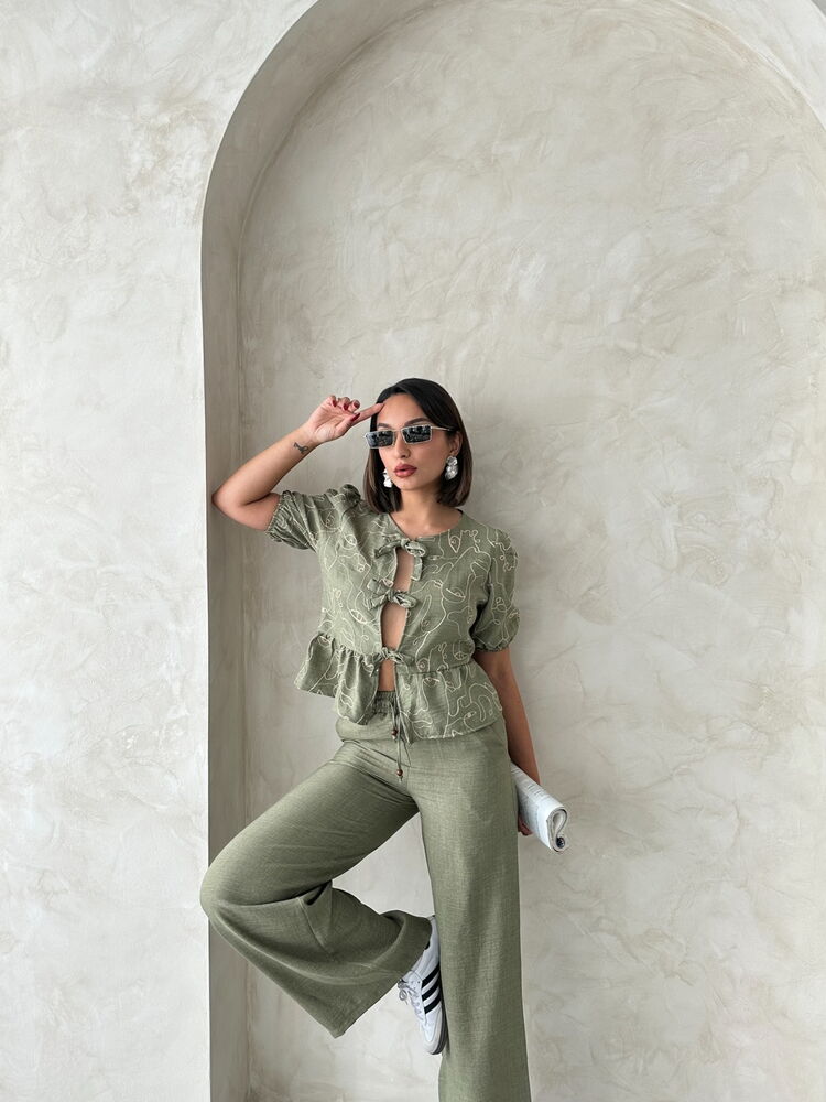 Wholesale Embroidered Tie-Front Blouse - Light Khaki | Topshow