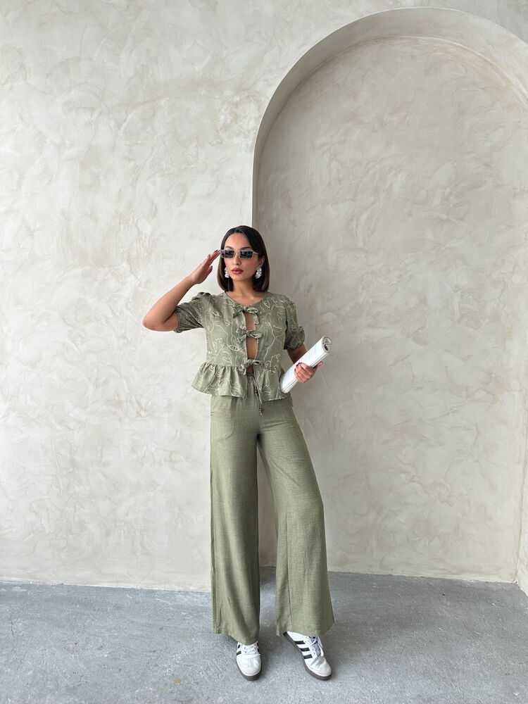 Wholesale Embroidered Tie-Front Blouse - Light Khaki | Topshow