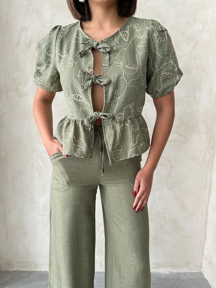 Wholesale Embroidered Tie-Front Blouse - Light Khaki | Topshow