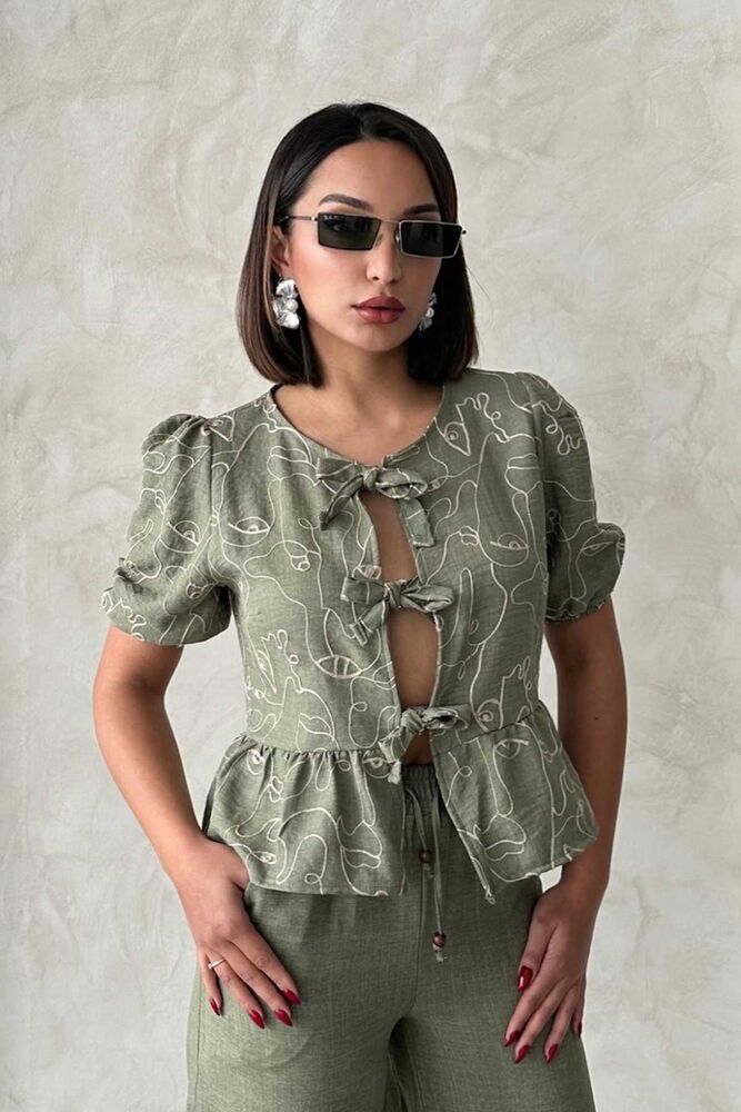 Wholesale Embroidered Tie-Front Blouse - Light Khaki | Topshow
