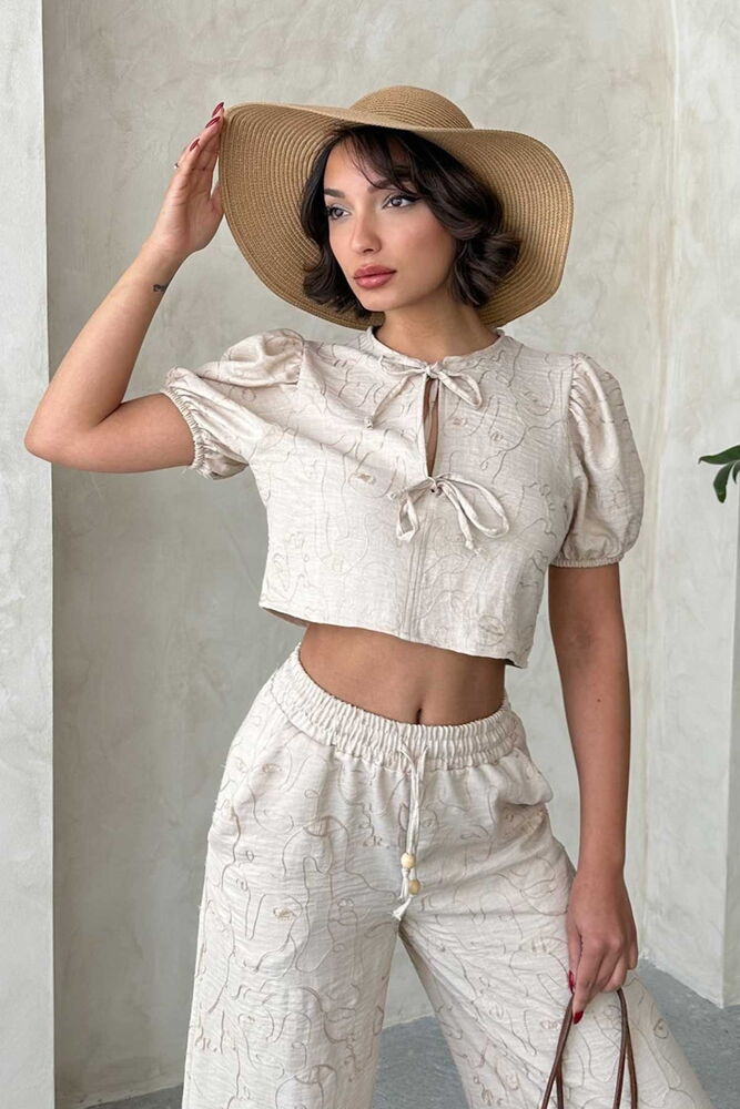 Embroidered Front Tie Wholesale Blouse - Stone | Topshow