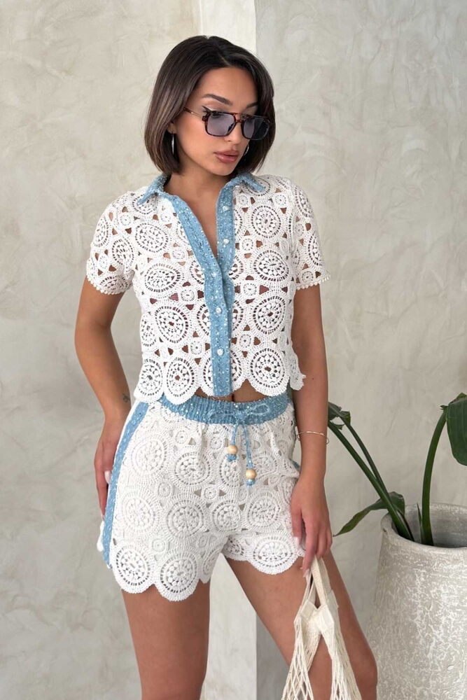 Cămașă cu dantelă și detalii din denim - Raw Topshow