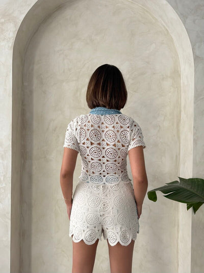 Lace Shirt with Denim Detail - Raw Topshow