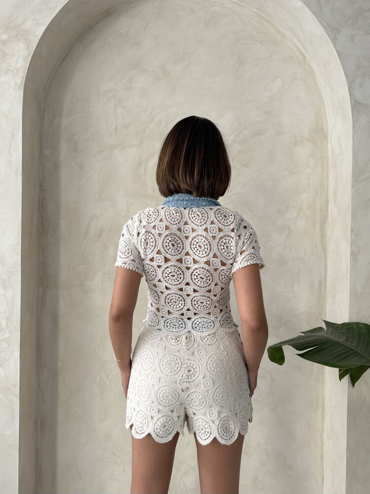 Lace Shirt with Denim Detail - Raw Topshow