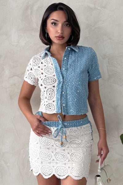 Cămașă din denim cu dantelă - Albastru crud D.1 Topshow