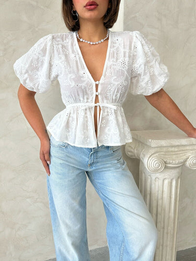 Embroidered V-Neck Voile Blouse with Front Tie - Cream Topshop