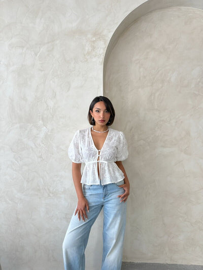 Embroidered V-Neck Voile Blouse with Front Tie - Cream Topshop