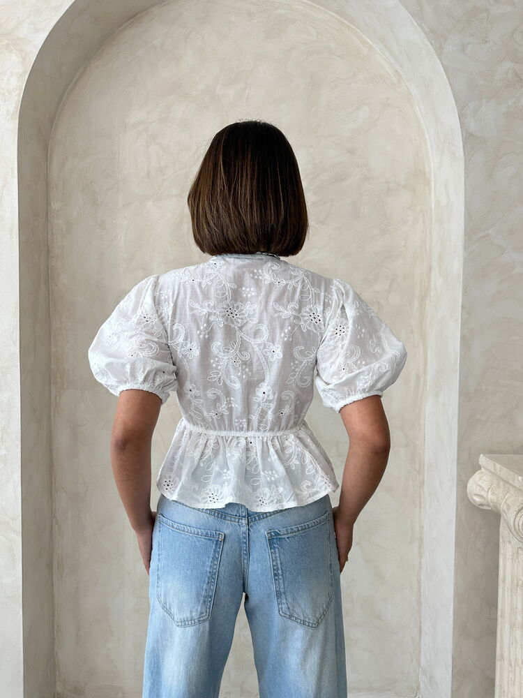Embroidered V-Neck Voile Blouse with Front Tie - Cream Topshop