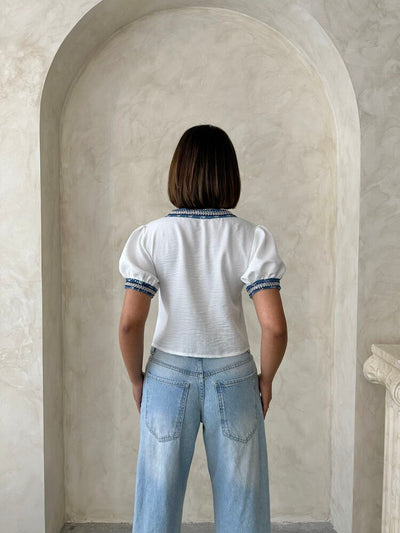 Jachetă cu detalii din denim - Crem Topshow