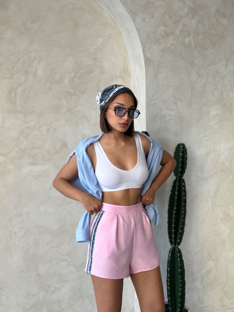 Pantaloni scurți cu detalii din denim - Roz | Topshow