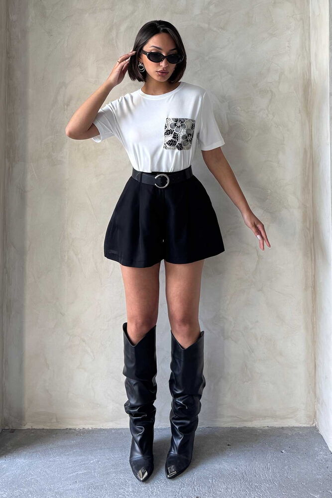 Pocket Detail T-Shirt - Cream Black | Topshow
