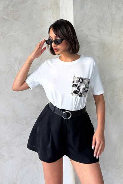Pocket Detail T-Shirt - Cream Black | Topshow