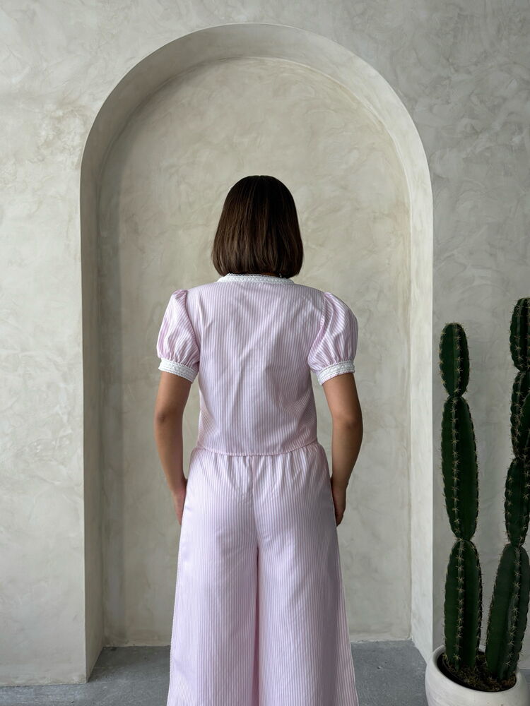 Guipure Detail Striped Blouse - Pink | Topshow