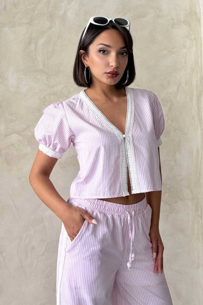 Guipure Detail Striped Blouse - Pink | Topshow