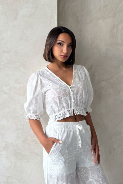 Wholesale Blouse with Broderie Anglaise Embroidery - Cream | Topshow