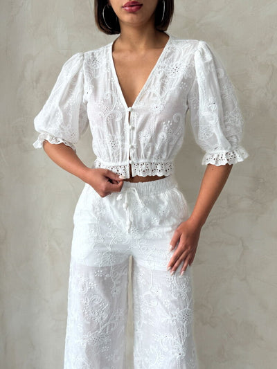 Wholesale Blouse with Broderie Anglaise Embroidery - Cream | Topshow