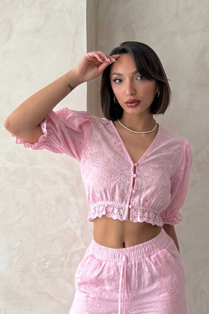 Bluză cu broderie din dantelă - Roz | Topshow