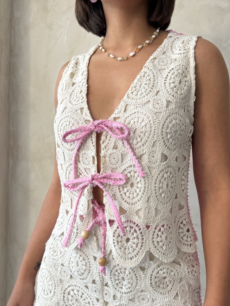 Denim Detailed Lace-Up Front Lace Wholesale Vest Raw Pink | Topshow