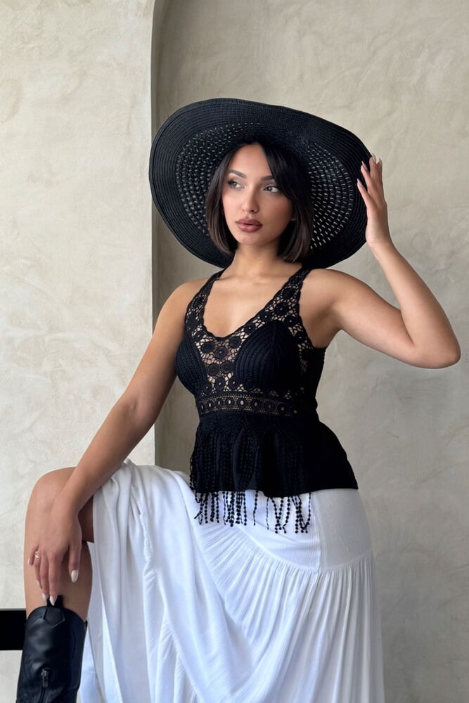 Guipure Detail Strappy Wholesale Blouse Black | Topshow