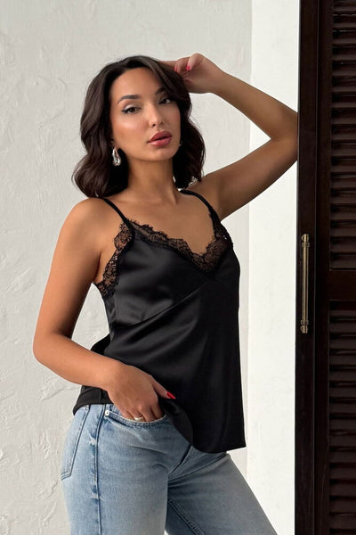 Topshow | Dantel Detaylı Saten Atlet - Siyah | D2929