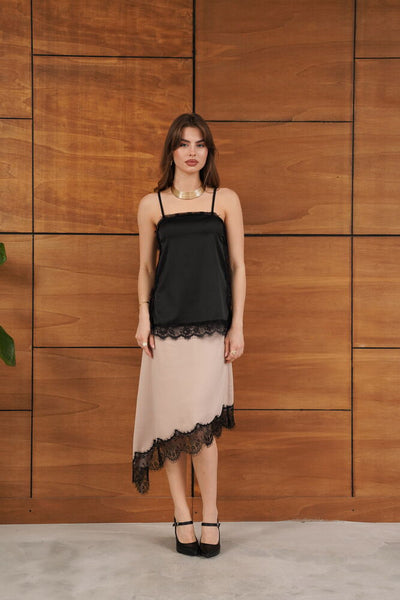 Topshow - Lace Detailed Strappy Satin Tunic - Black | D2931