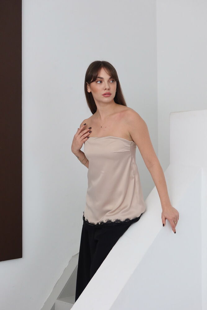 Topshow - Bluză din satin fără bretele și dantelă - Piatră | D2941