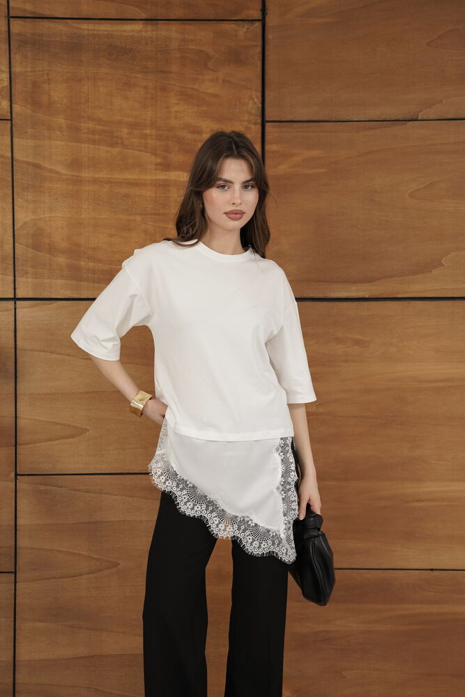Topshow - Tricou asimetric cu detalii din dantelă și satin - Crem | D2942