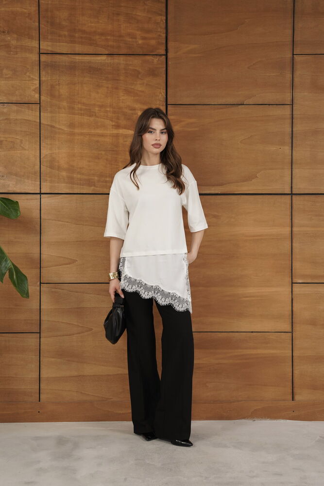 Topshow - Tricou asimetric cu detalii din dantelă și satin - Crem | D2942