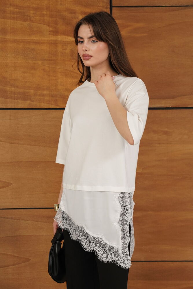 Topshow - Tricou asimetric cu detalii din dantelă și satin - Crem | D2942