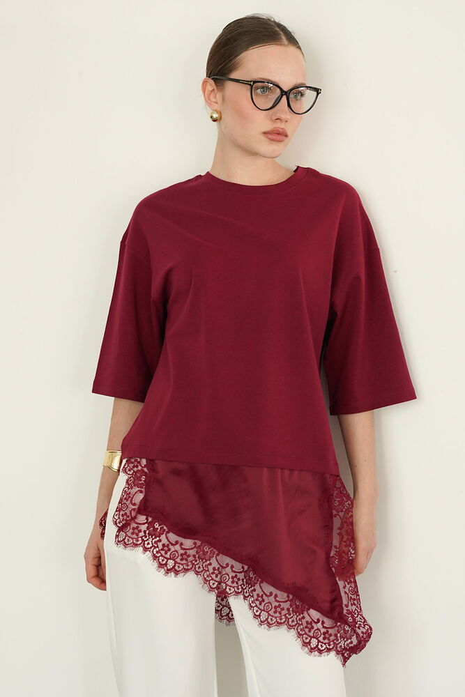 Tricou asimetric en-gros cu detalii din dantelă și satin - Burgundiu | D2942 - Topshow