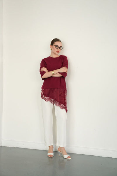 Tricou asimetric en-gros cu detalii din dantelă și satin - Burgundiu | D2942 - Topshow