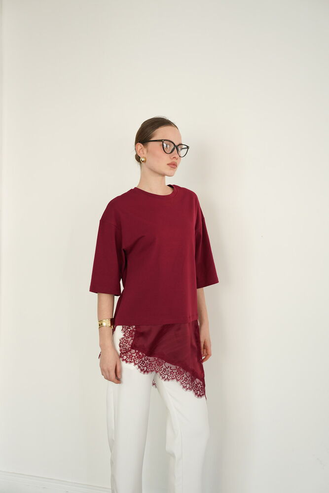 Tricou asimetric en-gros cu detalii din dantelă și satin - Burgundiu | D2942 - Topshow