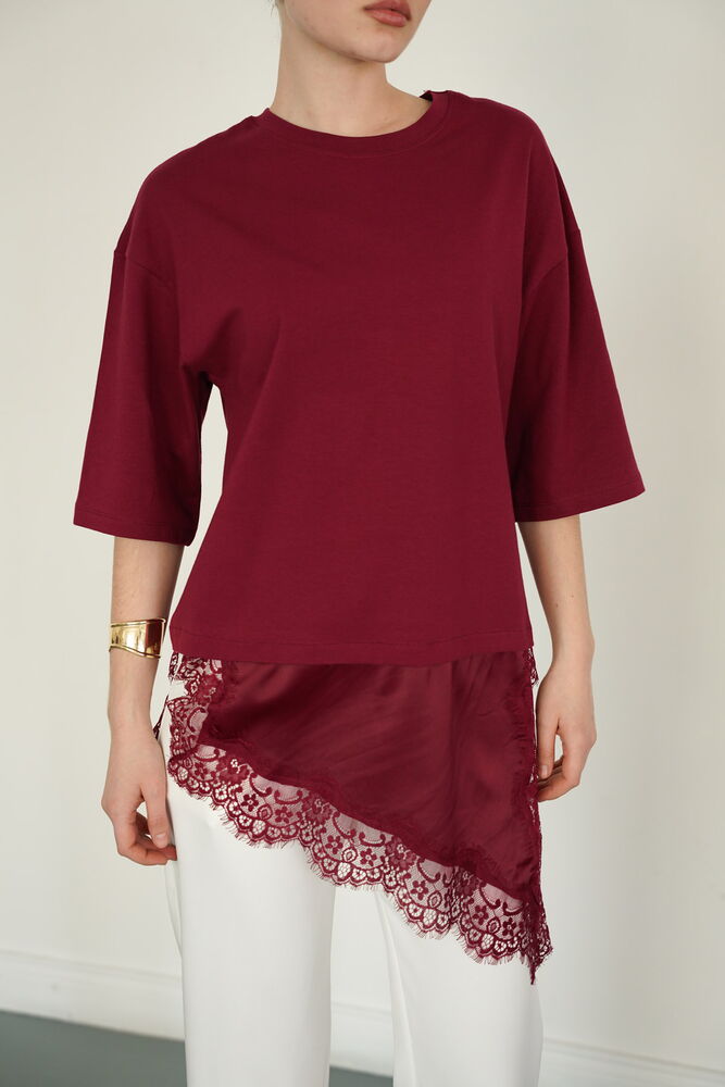 Tricou asimetric en-gros cu detalii din dantelă și satin - Burgundiu | D2942 - Topshow