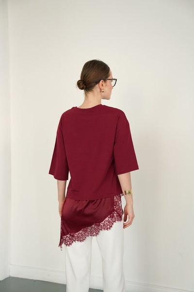 Tricou asimetric en-gros cu detalii din dantelă și satin - Burgundiu | D2942 - Topshow