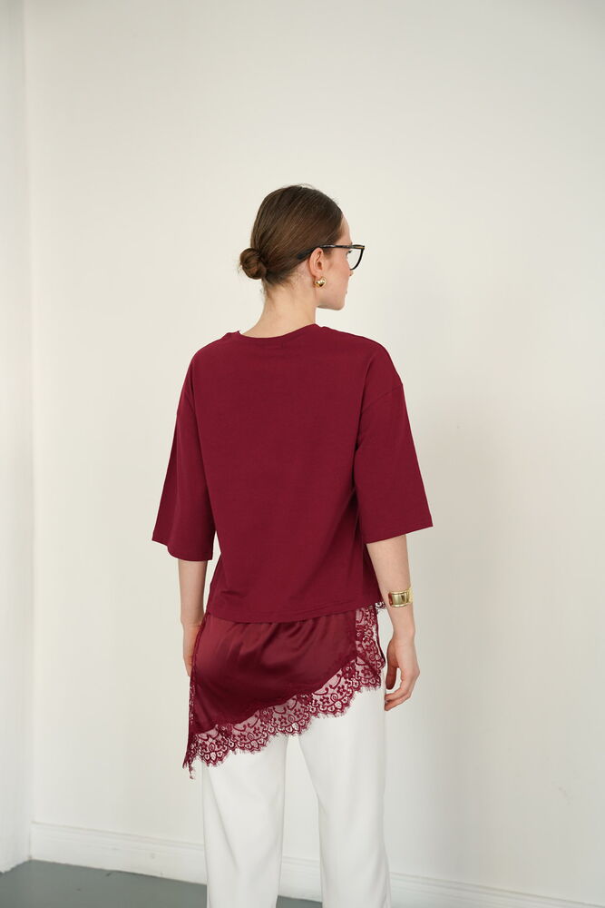 Tricou asimetric en-gros cu detalii din dantelă și satin - Burgundiu | D2942 - Topshow