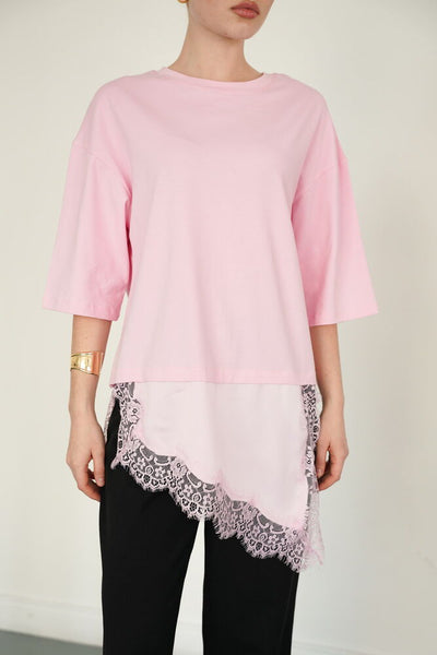 Tricou asimetric en-gros cu detalii din dantelă și satin - Roz | D2942 - Topshow